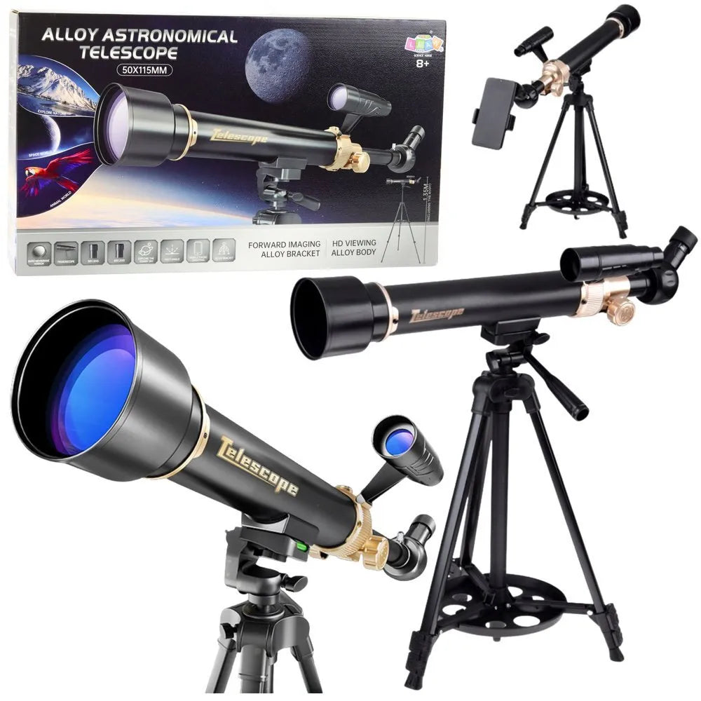 Astronominis teleskopas 50×115 mm su aliuminio trikoju ir priedais